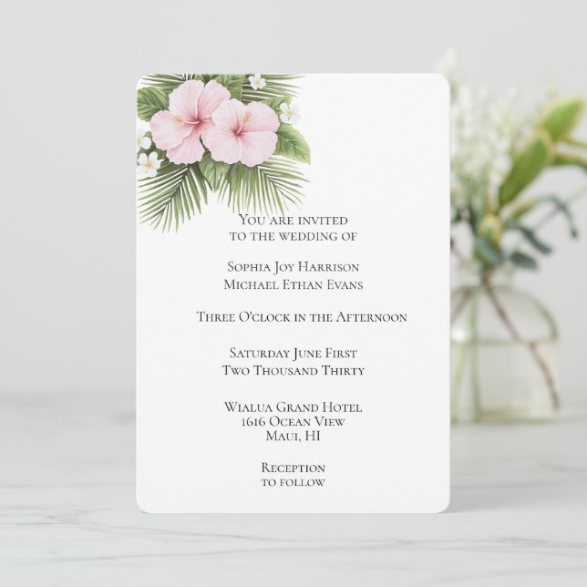 Convite Tropical Pink Hibiscus Floral Wedding (Em pé/Frente)