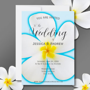 Convite Tropical, Plumeria Branca em Azul, Casamento Flora