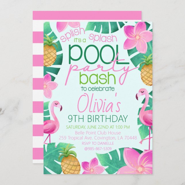 Convite Tropical Pool Party Birthday Party Invitation (Frente/Verso)