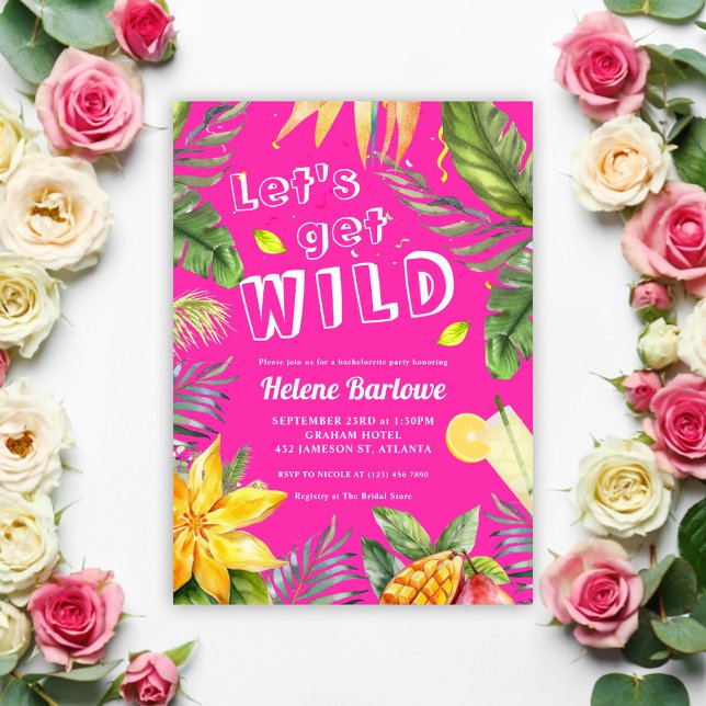 Convite Tropical Rosa-Rosa-festa de solteira Divertida (Pink Fun Girly Bachelorette Party Invitation)