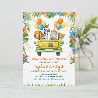 Convite Tropical Safari Wild One Jungle Animals Birthday