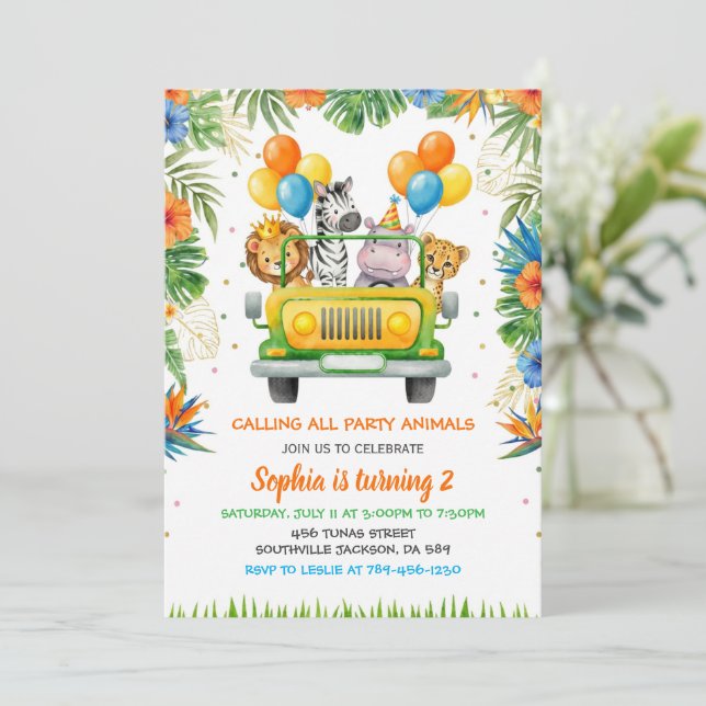 Convite Tropical Safari Wild One Jungle Animals Birthday (Em pé/Frente)