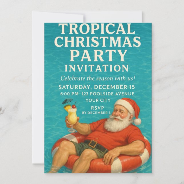 Convite Tropical Santa Pool Christmas Party Invite (Frente)