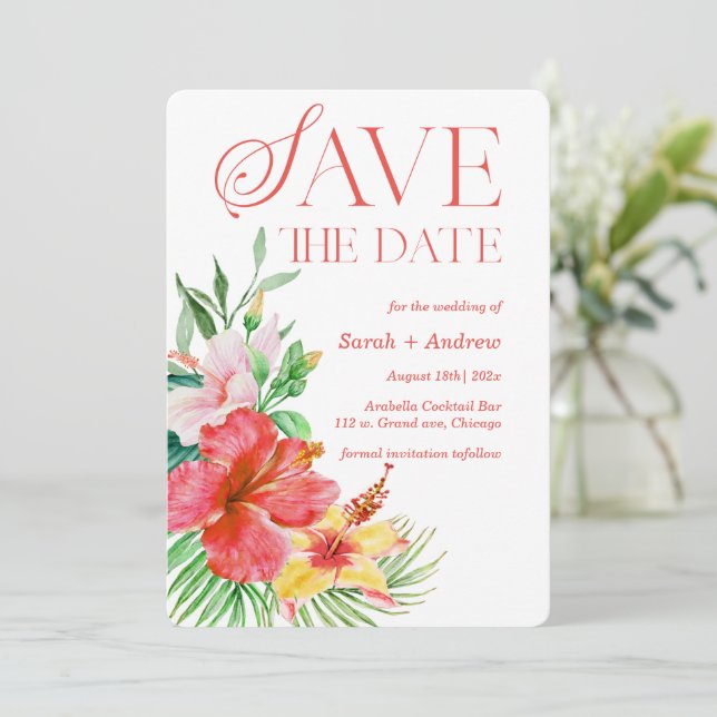 Convite Tropical Save The Date Modelo Printable (Em pé/Frente)