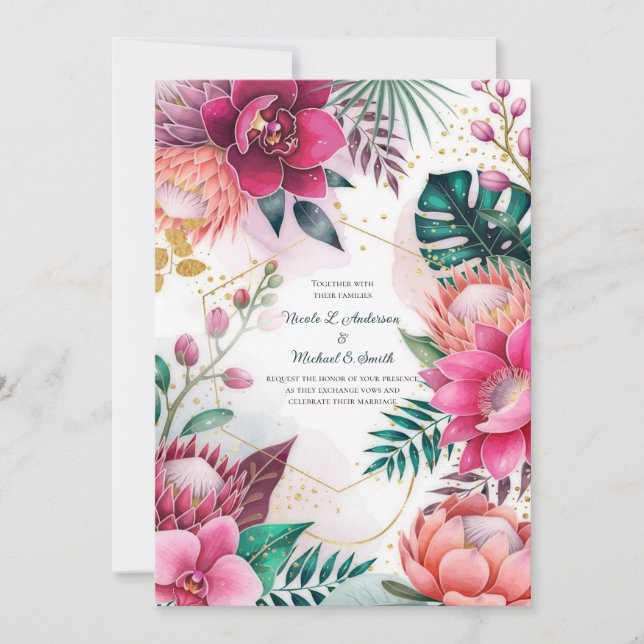 Convite Tropical Stardust Garden Floral Paradise Wedding  (Frente)