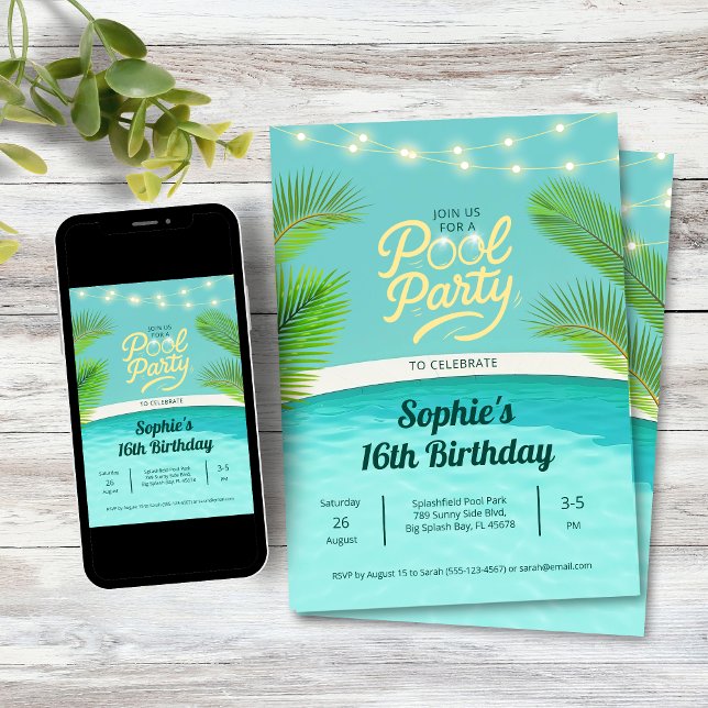 Convite Tropical Sunset Birthday Pool Party (Classy elegant birthday pool party invitation
)