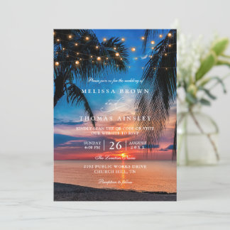 Convite Tropical Sunset String Lights Palm QR Code Wedding