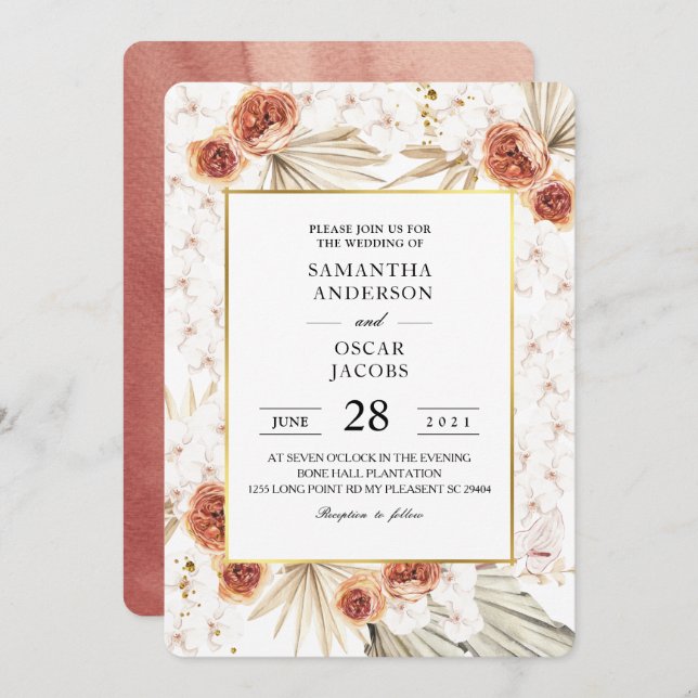 Convite Tropical Terracotta Seca Folha de Palma e Flor (Frente/Verso)