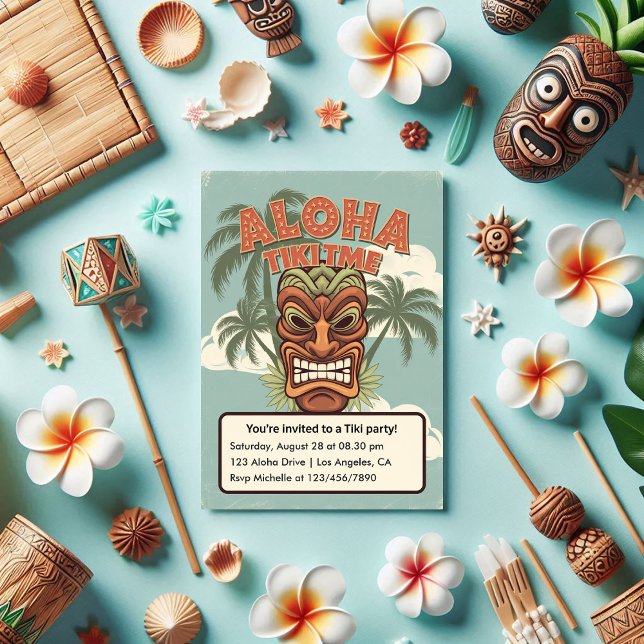 Convite Tropical Tiki Time Havaiana Luau Party (Tropical Tiki Time Hawaiian Luau Party Invitation)
