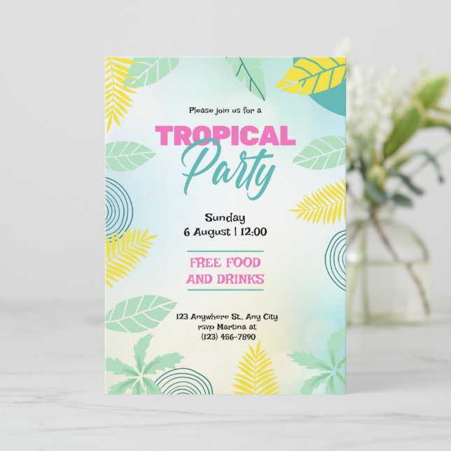 Convite Tropical Verde e Amarelo Festa de Verão (Em pé/Frente)