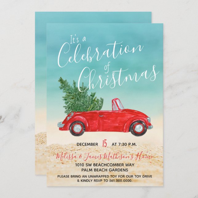 Convite #Tropical Vintage Red Car #Celebração de Natal (Frente/Verso)