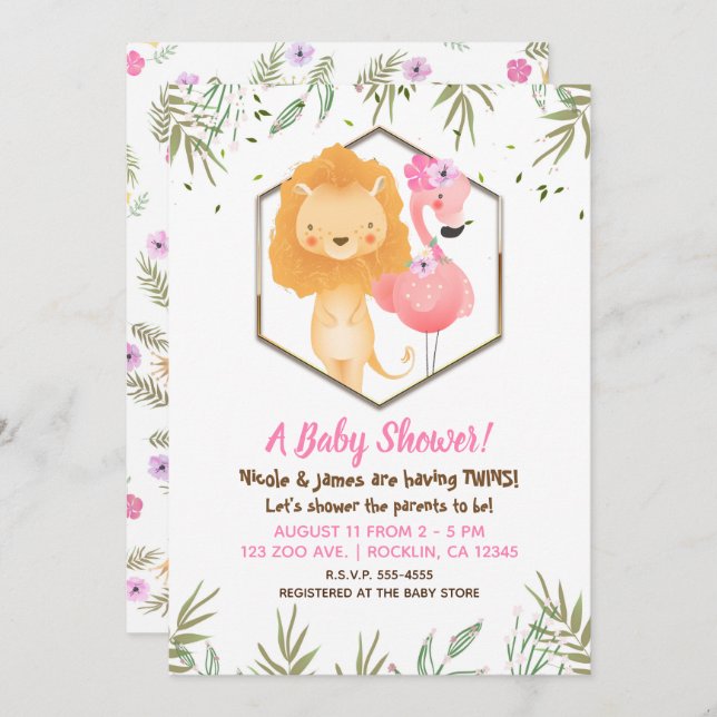 Convite Tropical Watercolor Flamingo & Chá de fraldas Leão (Frente/Verso)