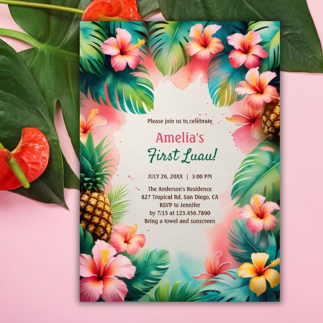 Convite Tropical Watercolor Havaiana Primeiro Luau Anivers (First Luau Birthday Invitation – Tropical Hawaiian Party for Baby Girl Invitation)