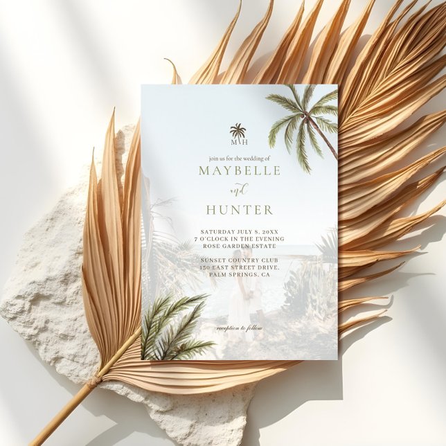 Convite Tropical Watercolor Palm Trees Boho Foto De Casame (Tropical Watercolor Palm Trees Boho Wedding Photo Invitation)