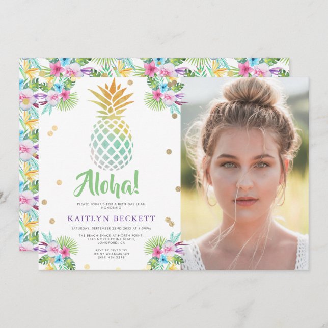 Convite Tropical Watercolor Pineapple Foto de Aniversário  (Frente/Verso)