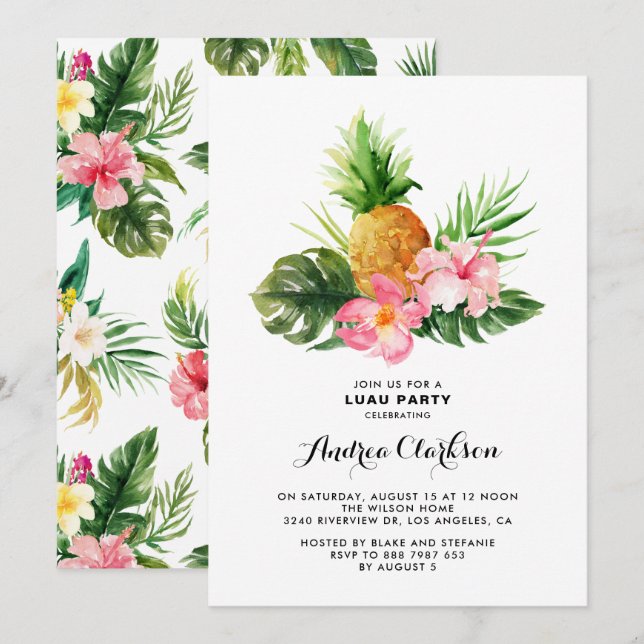 Convite Tropical Watercolor Pineapple Luau Party (Frente/Verso)