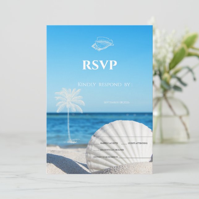 Convite Tropical Wedding Ocean Beach RSVP   (Em pé/Frente)