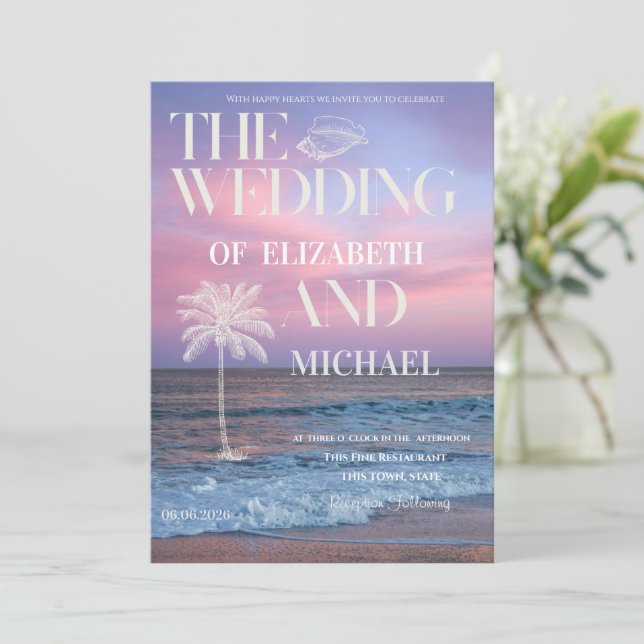 Convite Tropical Wedding Sunrise Ocean Beach Wedding (Em pé/Frente)