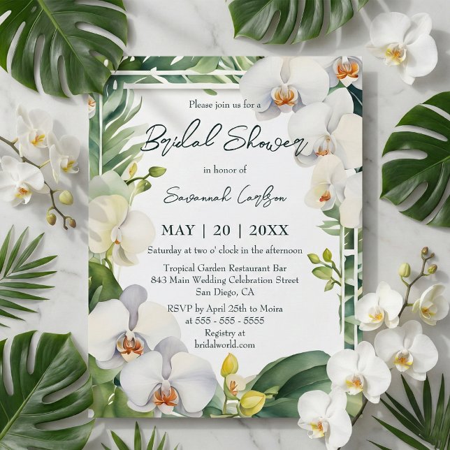 Convite Tropical White Orchids Greenery Bridal Shower (Criador carregado)