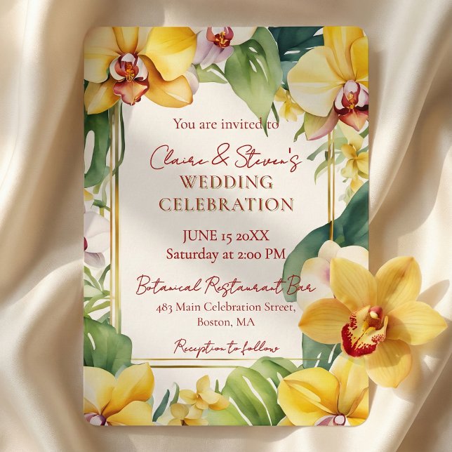 Convite Tropical Yellow Orchid and Greenery Gold Wedding (Criador carregado)