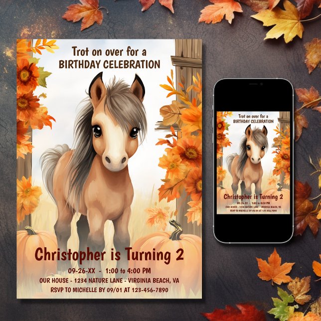 Convite Trot on Over Cute Autumn Horse Fall Aniversário (Printed and Digital - Trot on Over Cute Autumn Horse Fall Birthday Invitation)