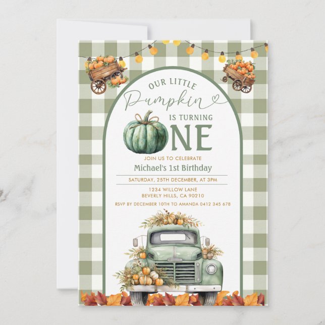 Convite Truck Pumpkin primeiro aniversario Gingham Autumn  (Frente)