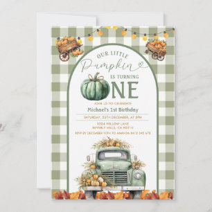 Convite Truck Pumpkin primeiro aniversario Gingham Autumn 