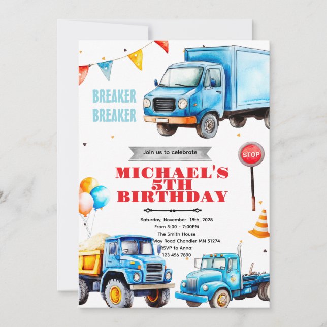 Convite Trucks birthday party theme invitation (Frente)