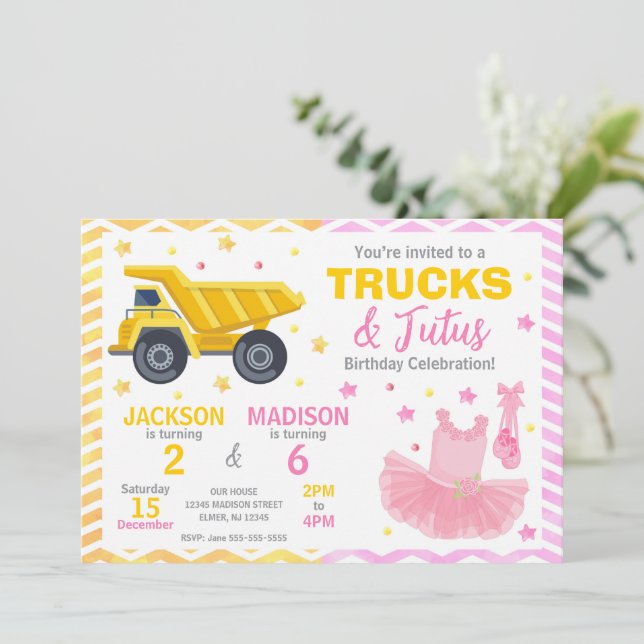 Convite Trucks & Tutus Joint Birthday Invitation (Em pé/Frente)