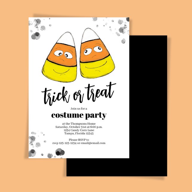Convite Truque de Milho Laranja ou Festa de Dia das Bruxas (Trick or treat costume party invitation with candy corn. )