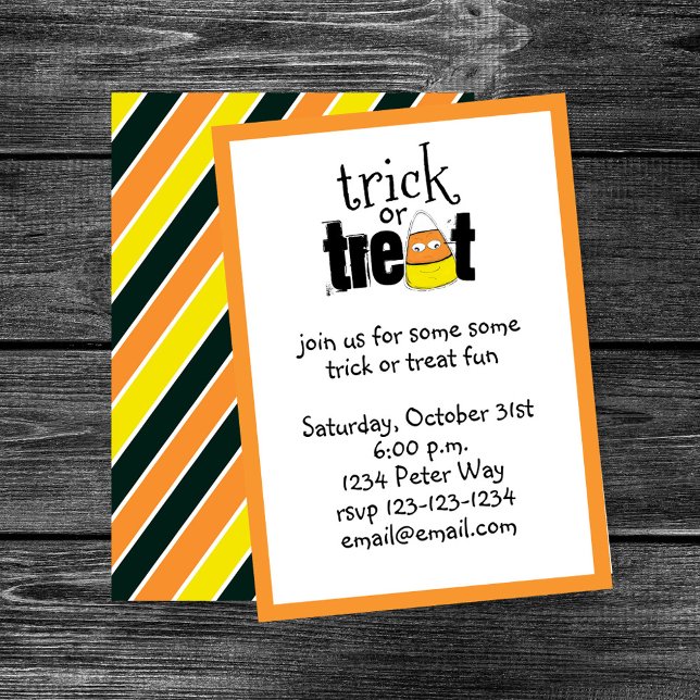 Convite Truque Ou Tratamento De Milho De Balas De Baleia (Cute candy corn trick or treat Halloween party design with orange border and white panel.)