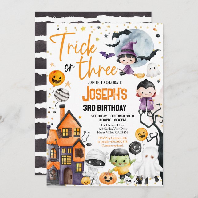 Convite Truque ou três aniversário de 3 anos de Halloween (Frente/Verso)