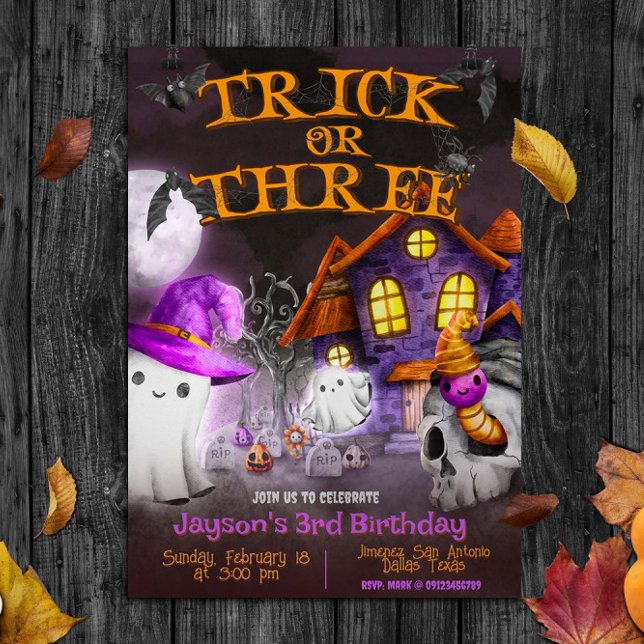 Convite Truque ou Três - aniversário de 3 anos Spooky (Trick or Three - Spooky 3rd Birthday Invitation)