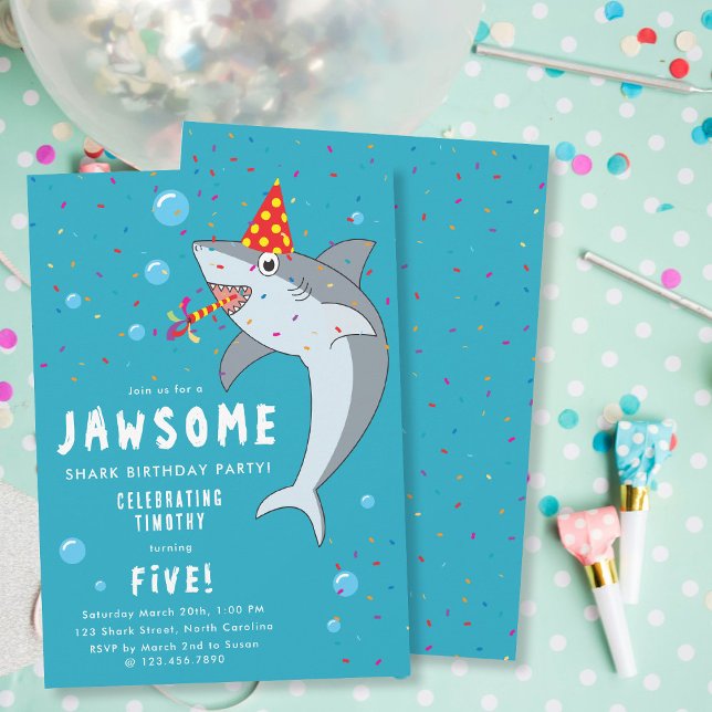 Convite Tubarão-gato na Festa de Aniversário de criança Oc (Cute Shark in Ocean Kids Birthday Party Invitation)