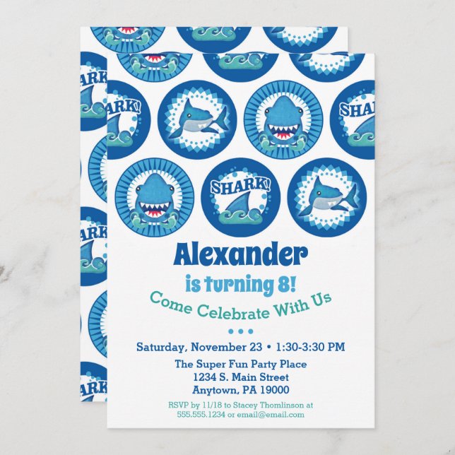 Convite Tubarões - Festa de Tubarões de Aniversário (Frente/Verso)
