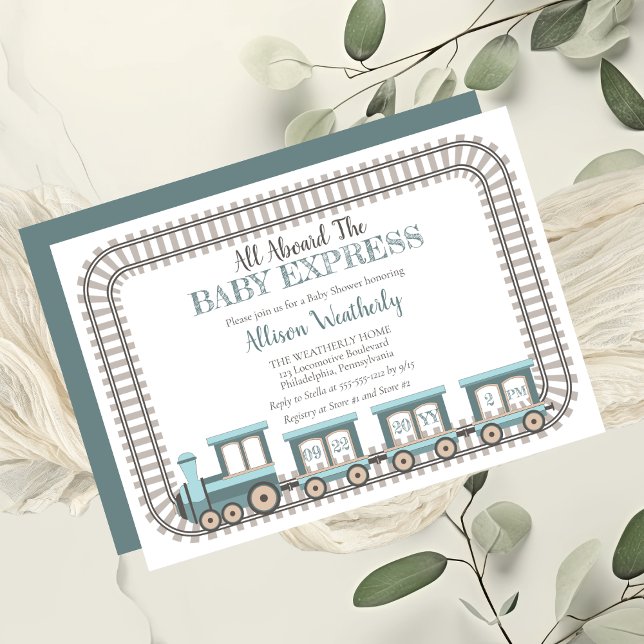 Convite Tudo a bordo do Chá de fraldas Baby Express Train  ("All Aboard The Baby Express" Blue Train Boy Baby Shower)