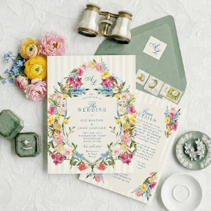 Convite Tudo em Um Azul Francês Floral Monograma Vintage