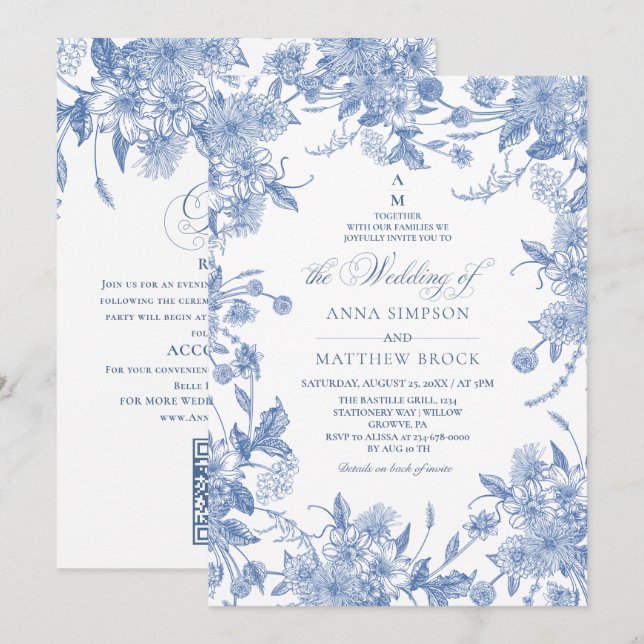 Convite Tudo em um azul francês flores silvestres Casament (Frente/Verso)