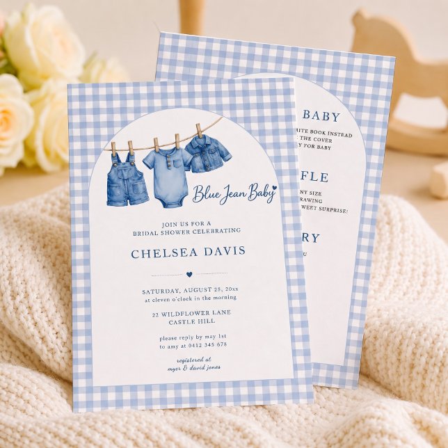 Convite Tudo em Um Bebê de Jeans Azul Personalizado com Ar (All In One Blue Jean Baby Custom Gingham Arch Invitation)