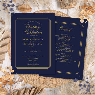 Convite Tudo em Um Casamento Art Déco em Azul Marinho e Do