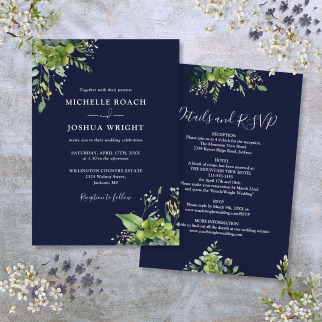 Convite Tudo Em Um Casamento Azul De Marinho Eucalyptus Gr (All In One Eucalyptus Greenery Navy Blue Wedding Invitation)