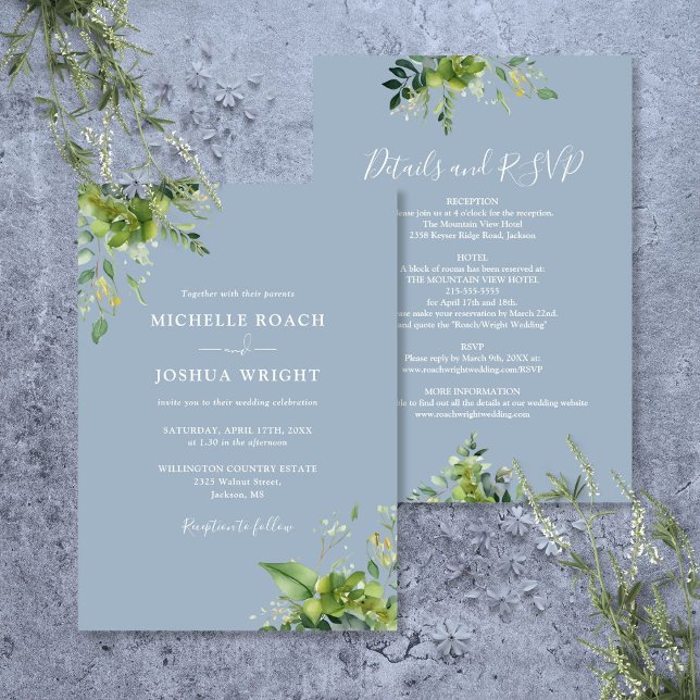 Convite Tudo Em Um Casamento Azul Eucalyptus Greenery Dust (All In One Eucalyptus Greenery Dusty Blue Wedding Invitation)