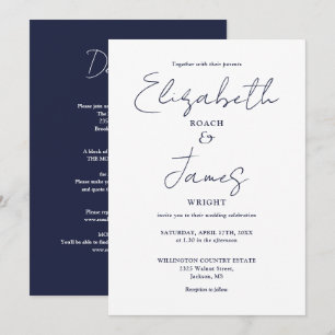 Convite Tudo em Um Casamento Azul Marinho Minimalista Eleg