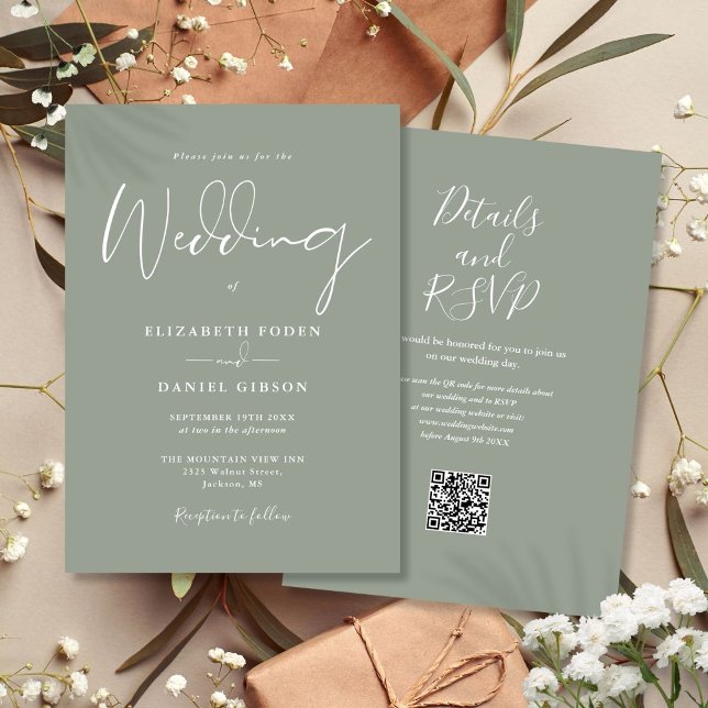 Convite Tudo Em Um Casamento Código QR Verde Sage (All In One Sage Green QR Code Wedding Invitation)