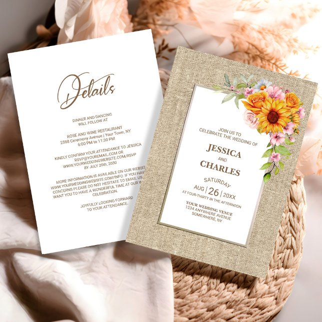 Convite Tudo em Um Casamento de Burlap Floral de Girassol (Criador carregado)