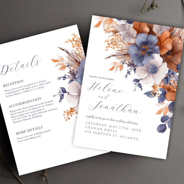 Convite Tudo Em Um Casamento De Ferrugem Azul De Elegante  (All In One Floral Elegant Dusty Blue Rust Wedding Invitation)