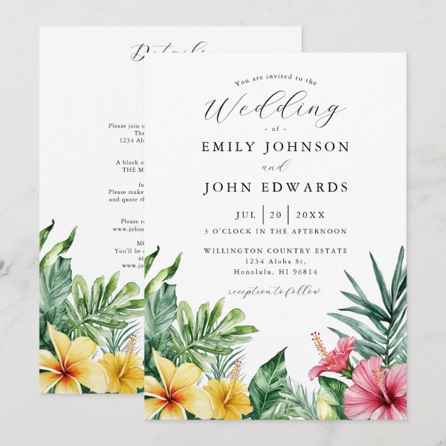 Convite Tudo em Um Casamento de Flores Tropicais em Aquare (Frente/Verso)