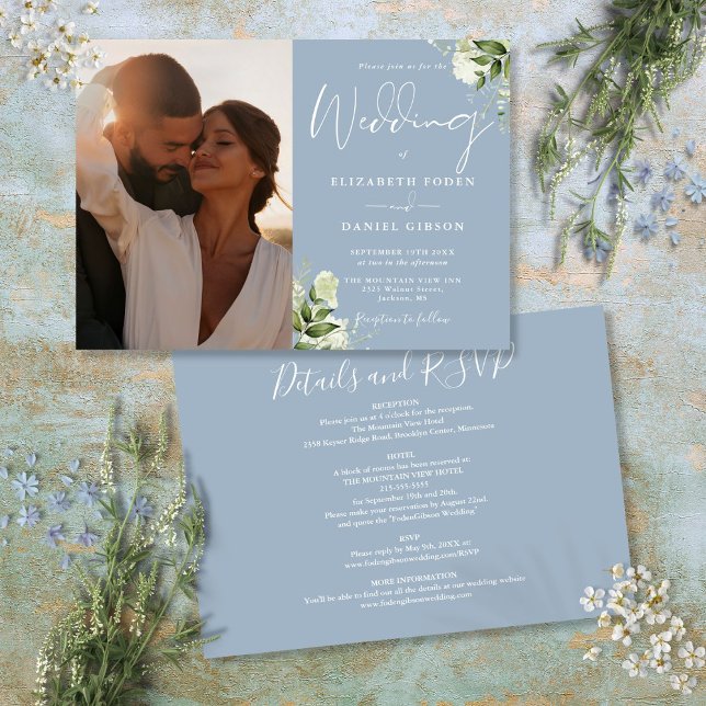 Convite Tudo Em Um Casamento De Foto De Verde Floresta Azu (All In One Dusty Blue Greenery Photo Wedding Invitation)