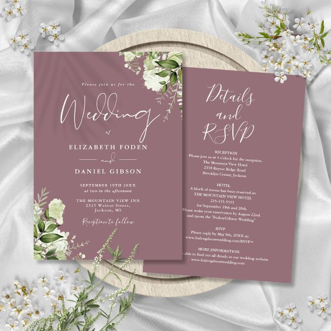 Convite Tudo Em Um Casamento De Palavra De Mauve Greenery (All In One Mauve Greenery Floral Wedding Invitation)