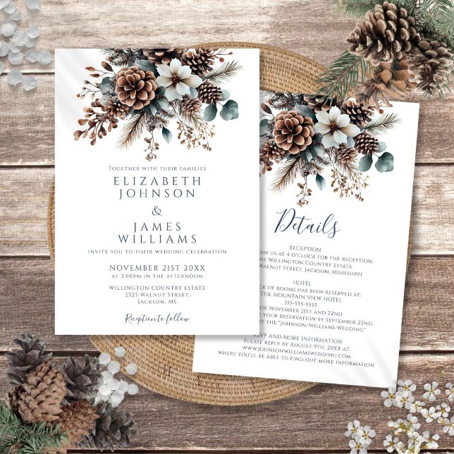 Convite Tudo Em Um Casamento De Pinecone Floral De Inverno (All In One Elegant Winter Floral Pinecone Wedding Invitation)